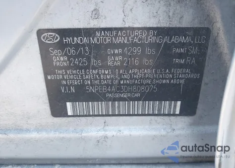 2013 Hyundai Sonata Gls from USA, damaged, VIN 5NPEB4AC3DH808075